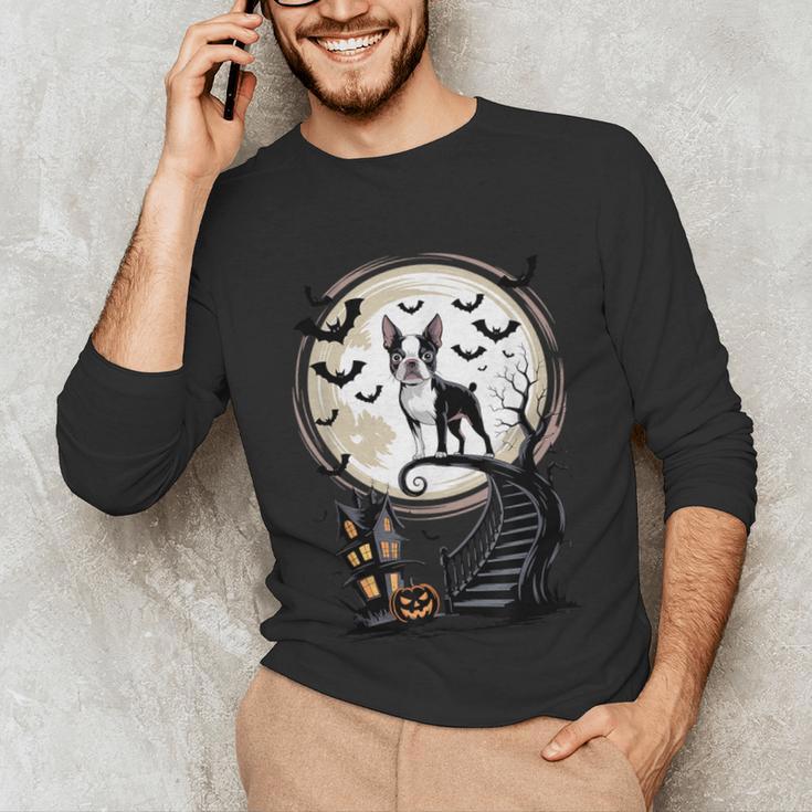 Spooky Halloween Moon Boston Terrier Boston Bull Bostie Unisex Long Sleeve T-Shirt, funny gift