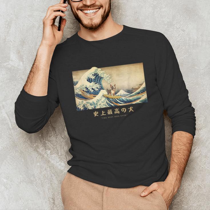 Surfing Boston Terrier Kanagawa Wave Japanese Dog For Men Women Kids Unisex Long Sleeve T-Shirt, funny gift