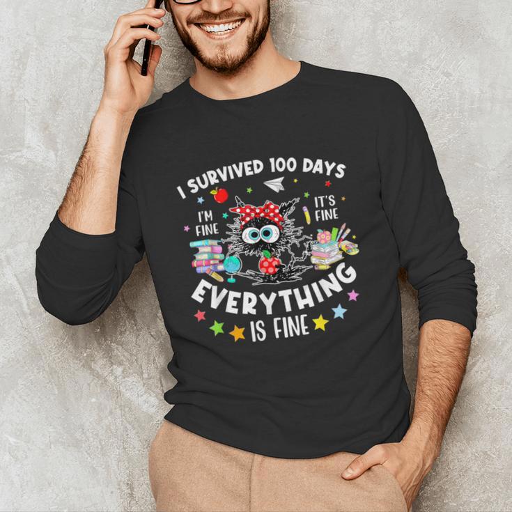 I Survived 100 Days Of School Teacher Kids Cat Lover Unisex Long Sleeve T-Shirt, funny gift