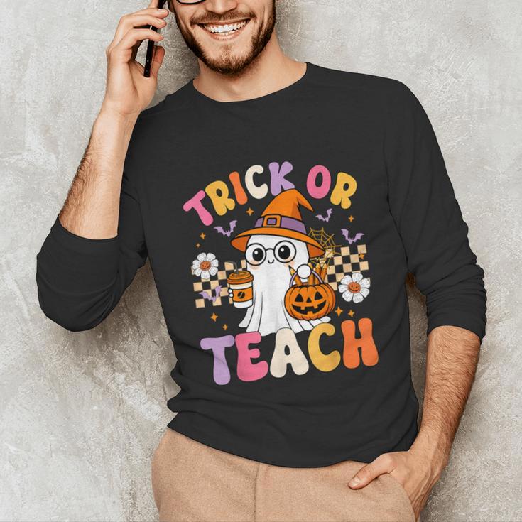 Trick Or Teach Cute Ghost Coffee Pumpkins Halloween Teacher Unisex Long Sleeve T-Shirt, funny gift