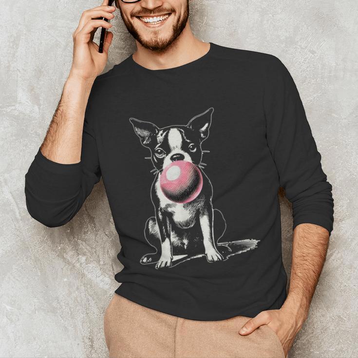 Vintage Boston Terrier Blowing Bubble Gum American Gentleman Unisex Long Sleeve T-Shirt, funny gift