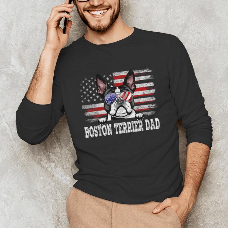 Vintage Boston Terrier Dad American Flag Father's Day Unisex Long Sleeve T-Shirt, funny gift