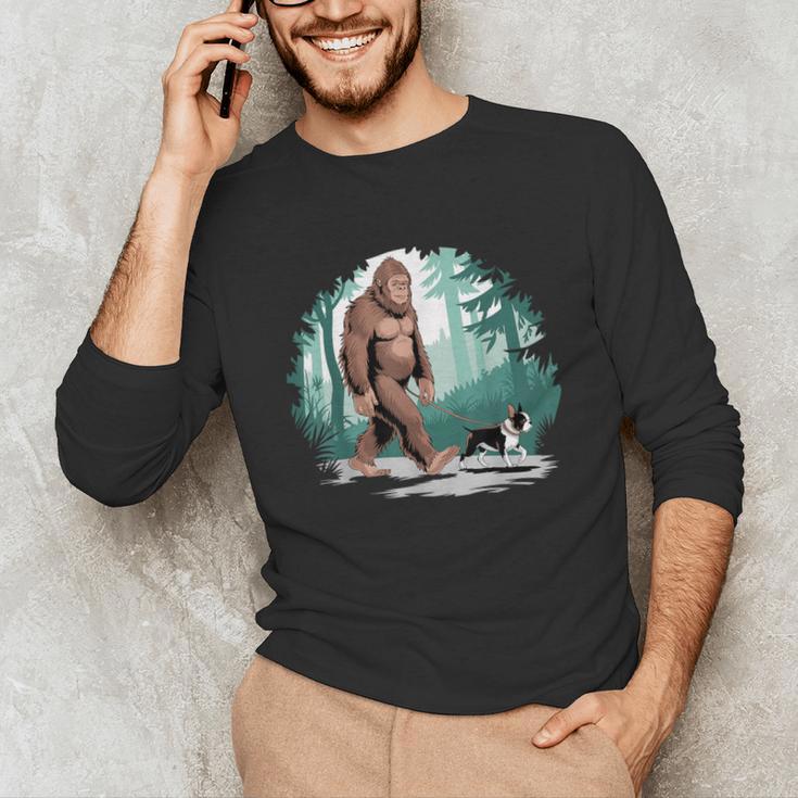 Whimsical Forest Adventures Sasquatch Bigfoot Walking Boston Terrier Dog Lovers Unisex Long Sleeve T-Shirt, funny gift