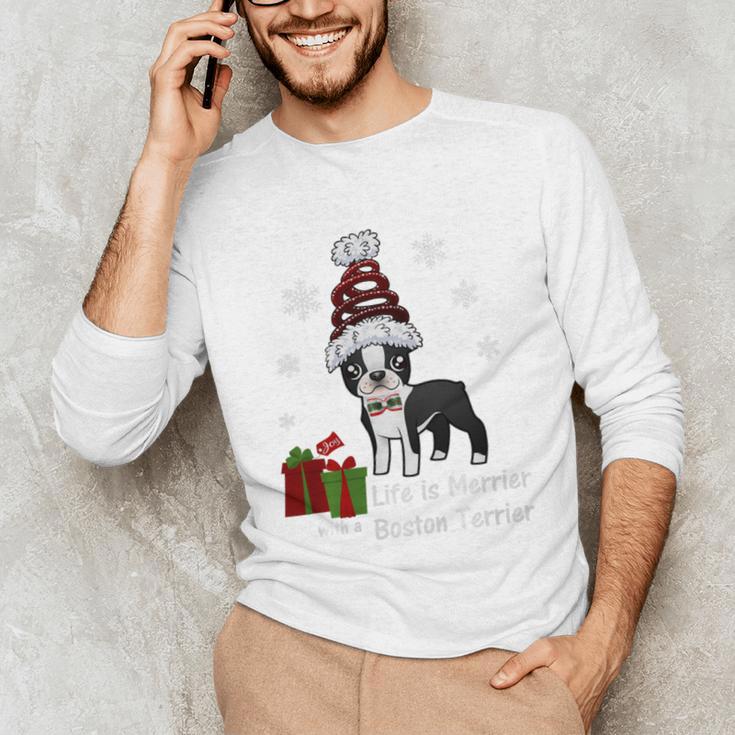 Boston Terrier Christmas T Shirt-Life Is Merrier Premium Tri-Blend Unisex Long Sleeve T-Shirt, funny gift