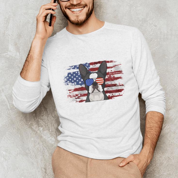Boston Terrier Dad American Flag 4th Of July Dog Fathers Day Unisex Long Sleeve T-Shirt, funny gift