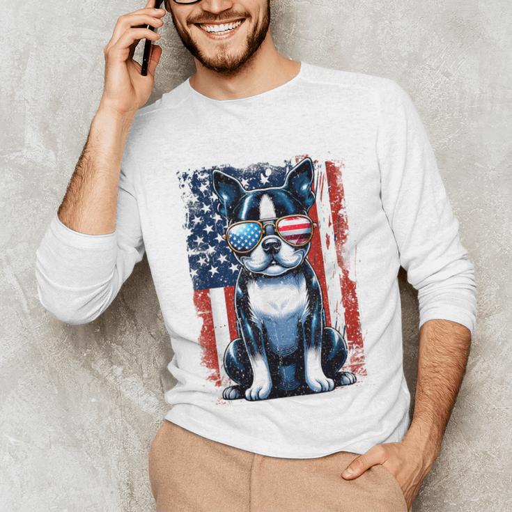 Boston Terrier Dog American USA US Flag Pets Vintage Outfit Unisex Long Sleeve T-Shirt, funny gift