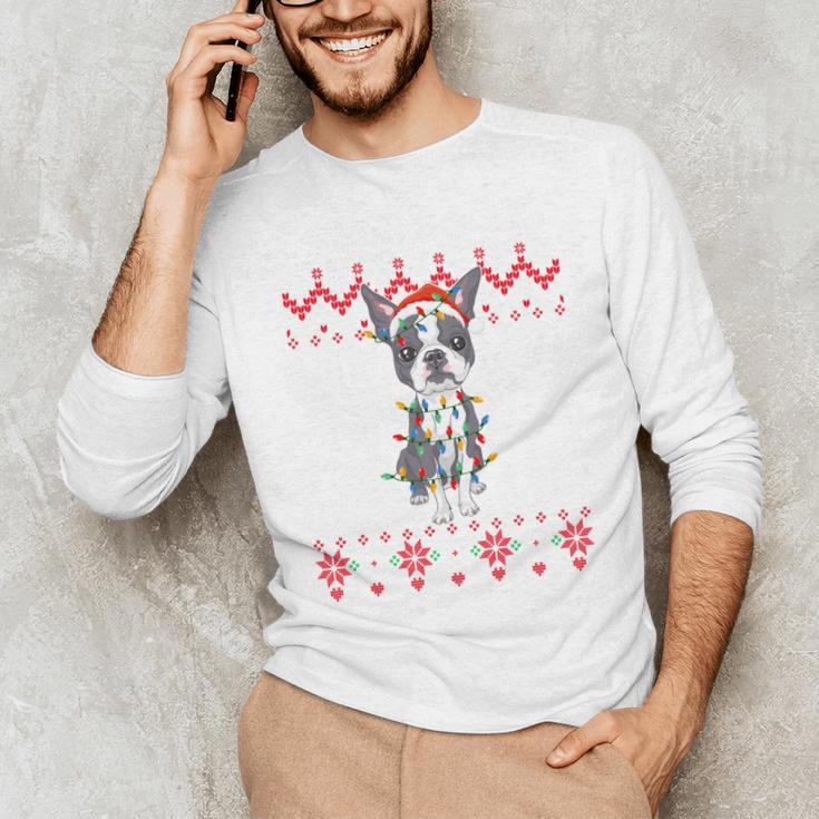 Boston Terrier Dog Santa Hat Men Kids Ugly Christmas Light Unisex Long Sleeve T-Shirt, funny gift