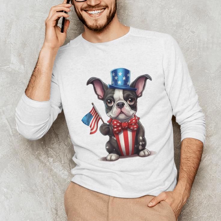 Boston Terrier Puppy Dog Holds His American Flag 4th Of July Unisex Long Sleeve T-Shirt, funny gift