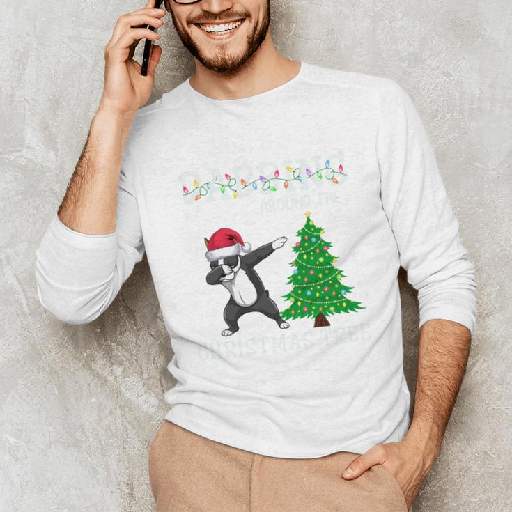 Boston Terrier Santa Hat Dabbing Around The Christmas Tree Unisex Long Sleeve T-Shirt, funny gift