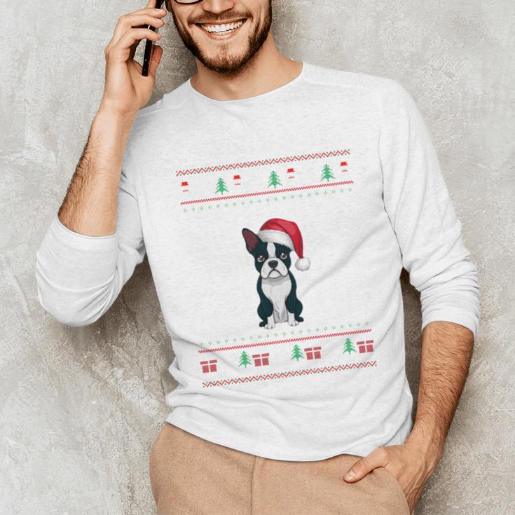 Boston Terrier Wearing Santa Hat Ugly Xmas Dog Lovers Unisex Long Sleeve T-Shirt, funny gift