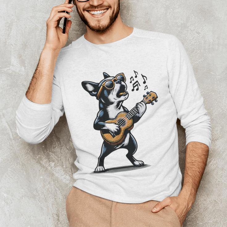 Dog Playing Guitar Singing Boston Terrier For Men Women Girls Kids Unisex Long Sleeve T-Shirt, funny gift
