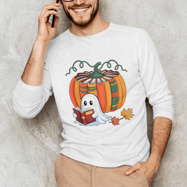 Fall Book Pumpkin Books Ghost Reading Halloween Teacher Unisex Long Sleeve T-Shirt, funny gift