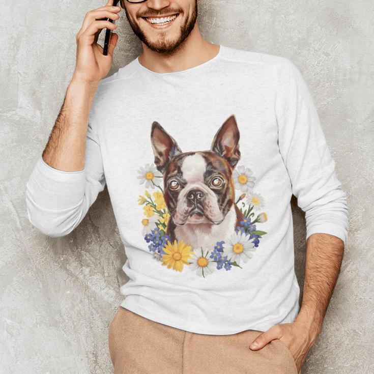 Floral Boston Terrier Unisex Long Sleeve T-Shirt, funny gift