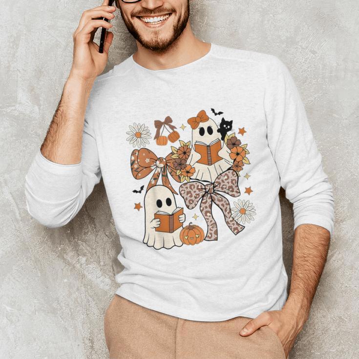 Ghost Reading Books Halloween Bow Spooky Teacher Student Unisex Long Sleeve T-Shirt, funny gift