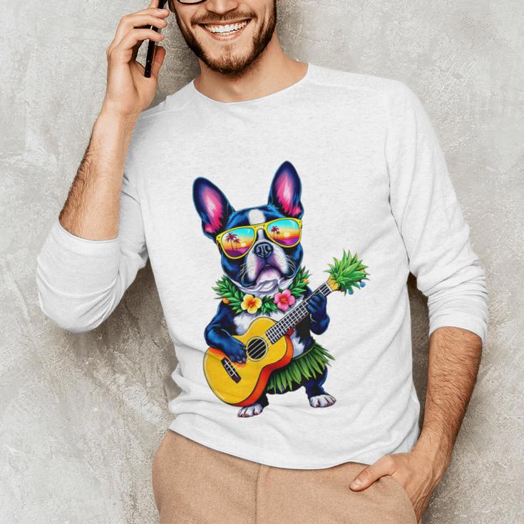 Hawaiian Boston Terrier & Pineapple Ukulele Summer Vacation Unisex Long Sleeve T-Shirt, funny gift