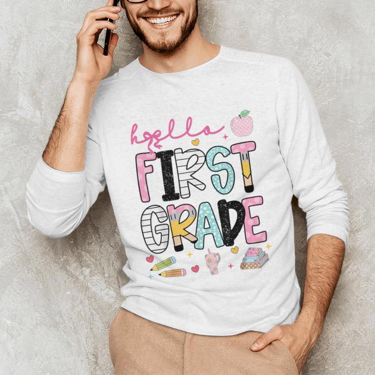 Hello First Grade Teacher Coquette Pencil Bow Back To School Unisex Long Sleeve T-Shirt, funny gift