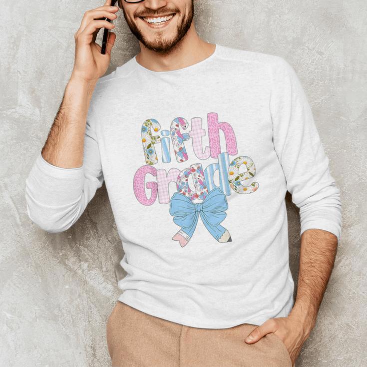 Preppy Fifth Grade Teacher Blue Floral Coquette Pencil Bow Unisex Long Sleeve T-Shirt, funny gift