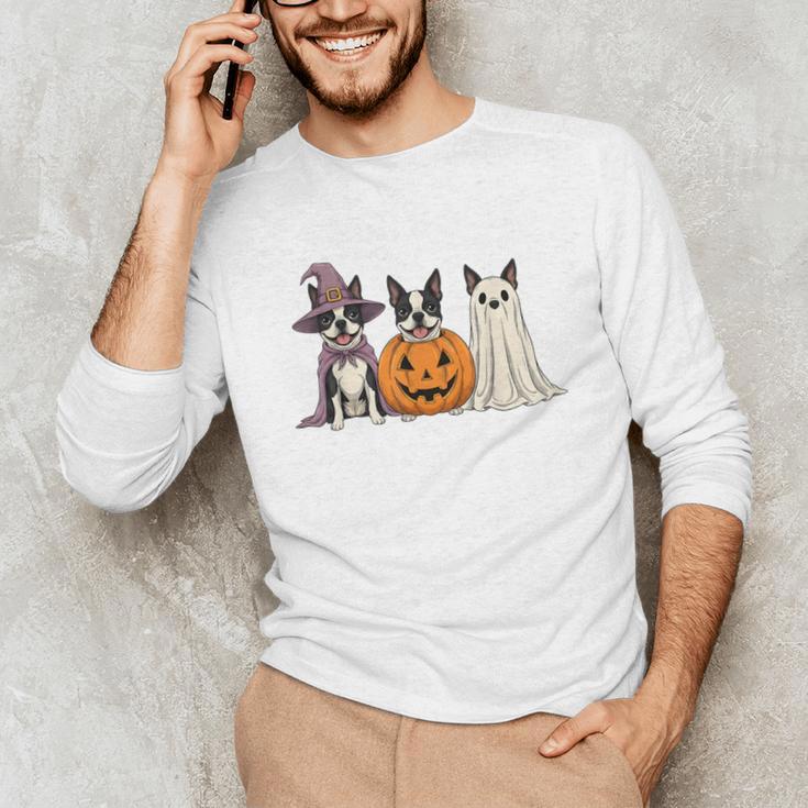 Spooky Ghost Boston Terrier Pumpkin Halloween Dog Lover Unisex Long Sleeve T-Shirt, funny gift
