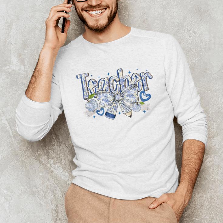 Teacher Blue Chinoiserie Coquette Bow Heart Teacher Life Unisex Long Sleeve T-Shirt, funny gift
