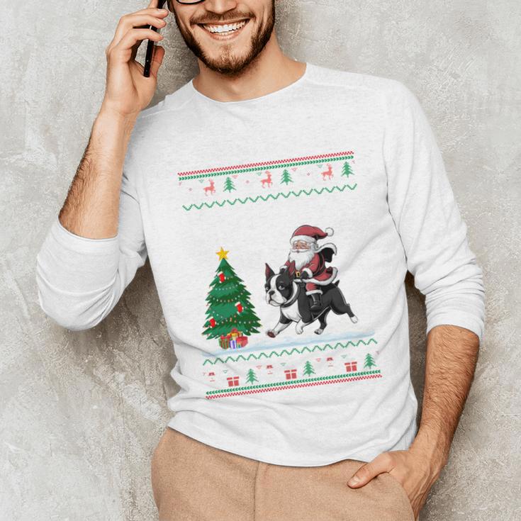 Ugly Christmas Tree Lights Xmas Santa Riding Boston Terrier Unisex Long Sleeve T-Shirt, funny gift