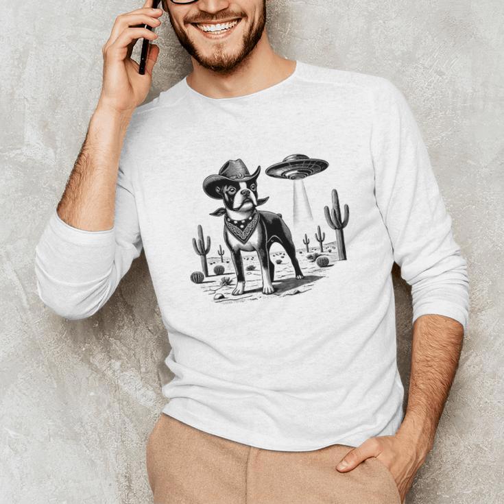Vintage Boston Terrier UFO Western Wild West Dog Mom Dad Unisex Long Sleeve T-Shirt, funny gift