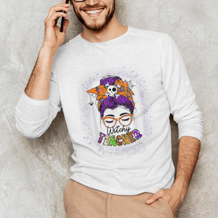 Witchy Teacher Halloween Messy Bun Teacher Bleached Unisex Long Sleeve T-Shirt, funny gift Witchy Teacher Halloween Messy Bun Teacher Bleached Unisex Long Sleeve T-Shirt, funny gift
