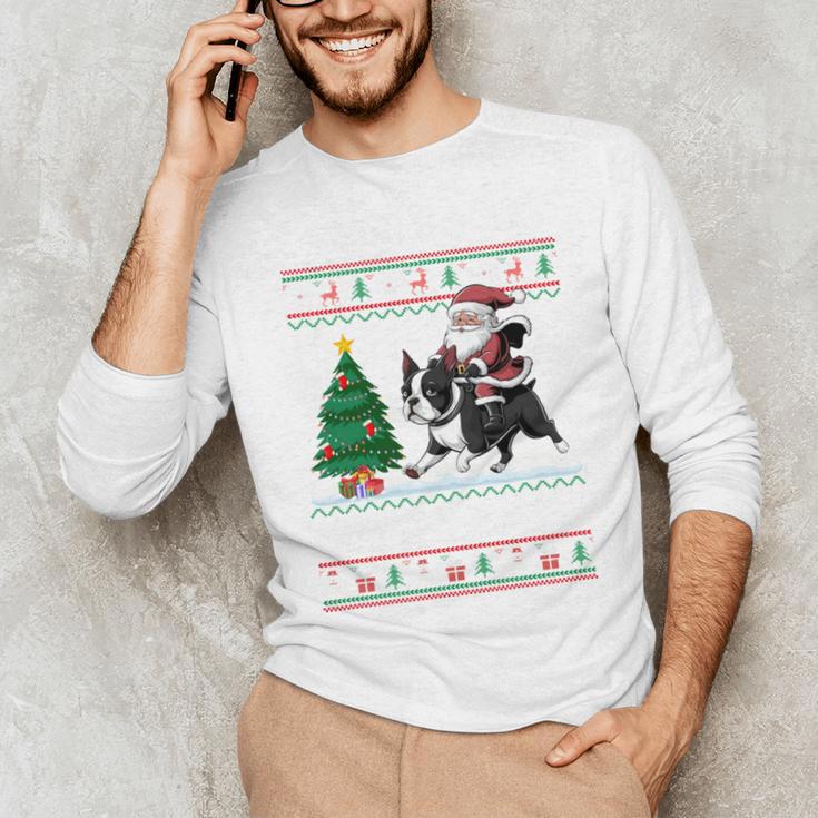 Xmas Tree Lighting Santa Riding Boston Terrier Christmas Unisex Long Sleeve T-Shirt, funny gift