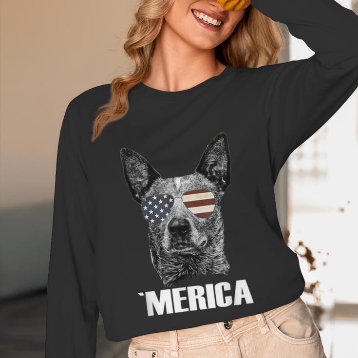 4th July Blue Heeler Dog Merica Patriotic USA Flag Cute Unisex Long Sleeve T-Shirt, funny design