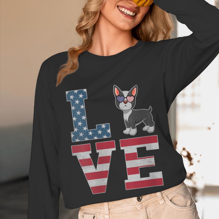 4th Of July Decor Patriotic LOVE Boston Terrier USA Flag Unisex Long Sleeve T-Shirt, funny design
