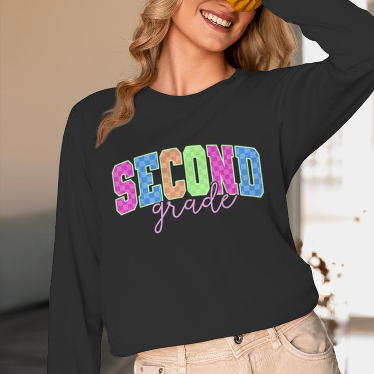 Back To School Neon Checkered Second Grade Colorful Teacher Unisex Long Sleeve T-Shirt, funny design