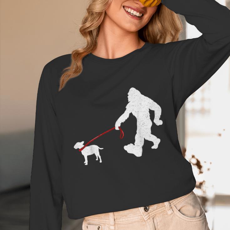 Bigfoot Walking With Bull Terrier Dog Unisex Long Sleeve T-Shirt, funny design