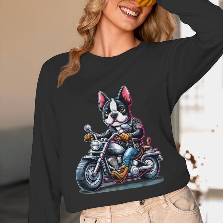 Biker Boston Terrier Dog Riding Motorbike Unisex Long Sleeve T-Shirt, funny design