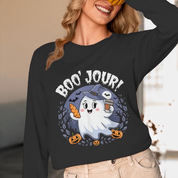 Boo Jour Ghost Halloween French Teacher Cute Coffe Croissant Unisex Long Sleeve T-Shirt, funny design