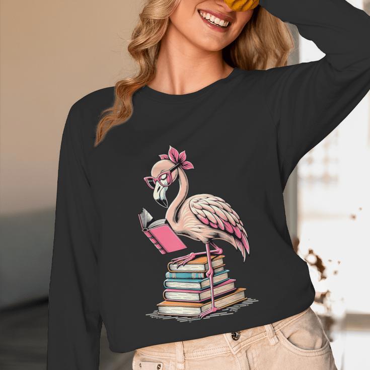 Book Lover Cute Flamingo Reading Teacher Librarian Women Unisex Long Sleeve T-Shirt, funny design