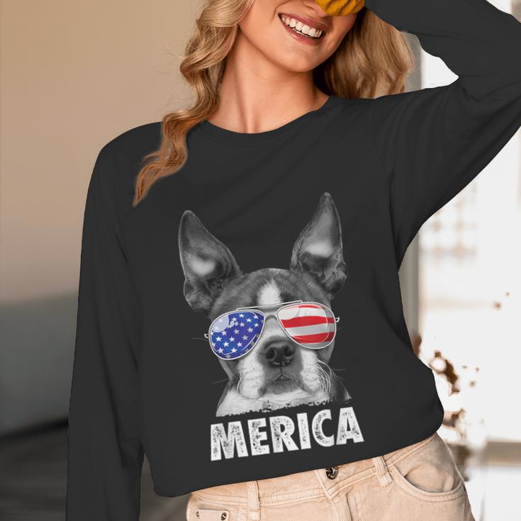 Boston Terrier 4th Of July Merica Men Women USA Flag Vintage Unisex Long Sleeve T-Shirt, funny design