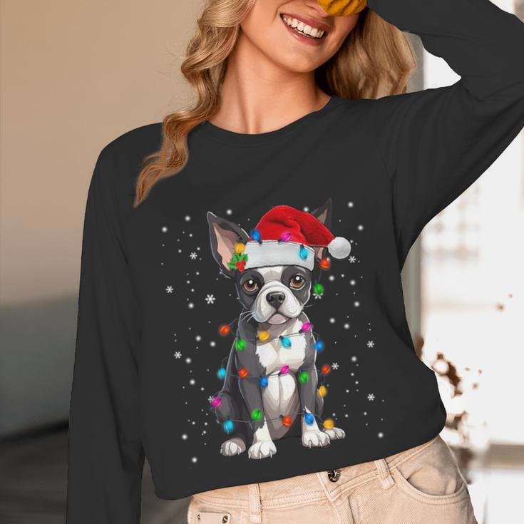 Boston Terrier Christmas Santa Hat Tree Lights Pajama Unisex Long Sleeve T-Shirt, funny design