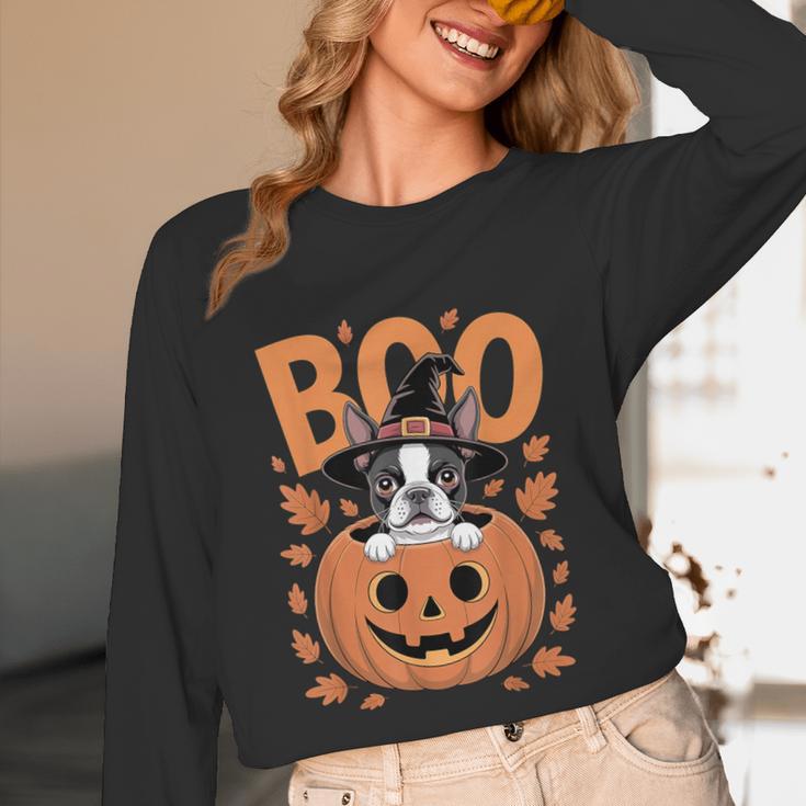 Boston Terrier Costume On Pumpkin Halloween Boston Terrier Unisex Long Sleeve T-Shirt, funny design