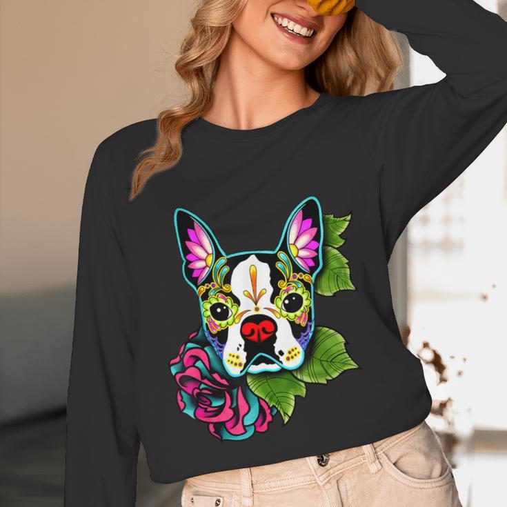 Boston Terrier In Day Of The Dead Sugar Skull Dog Unisex Long Sleeve T-Shirt, funny design