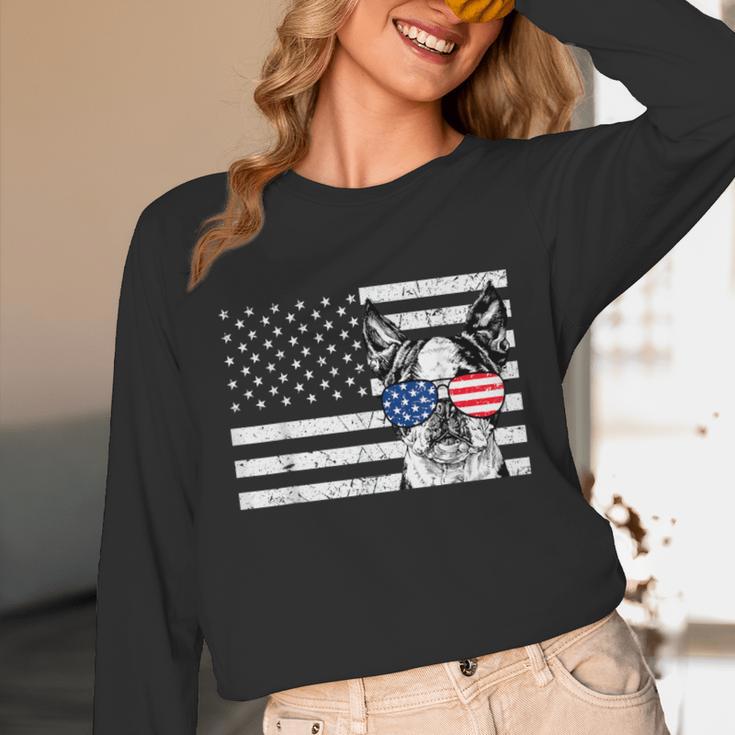 Boston Terrier Dog 4th Of July US American Flag Patriotic Unisex Long Sleeve T-Shirt, funny design