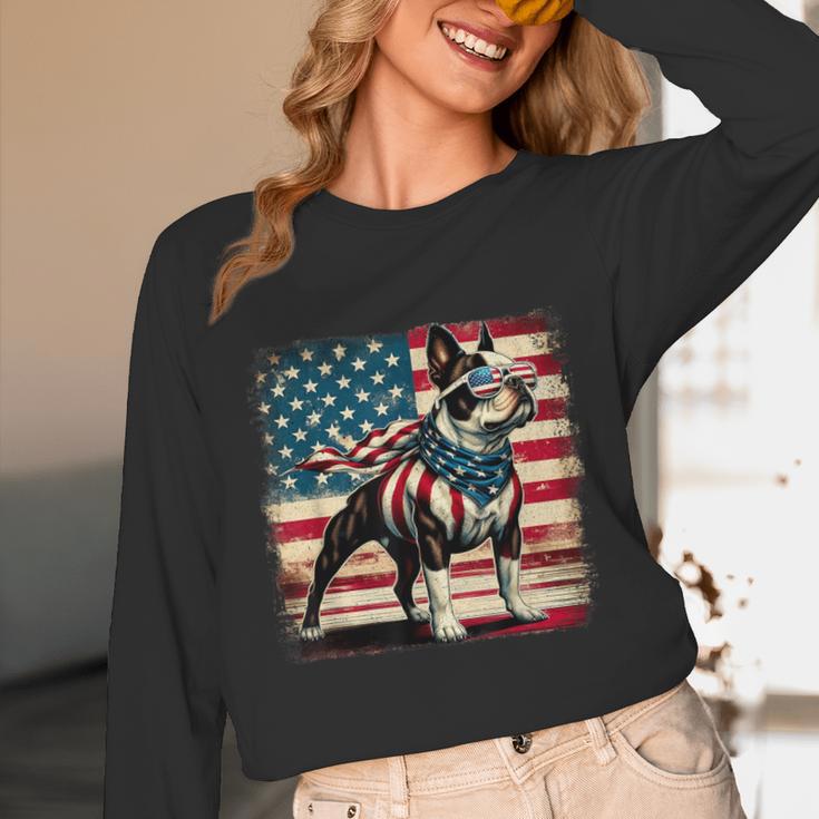 Boston Terrier Dog 4th Of July USA American Flag Patriotic Unisex Long Sleeve T-Shirt, funny design