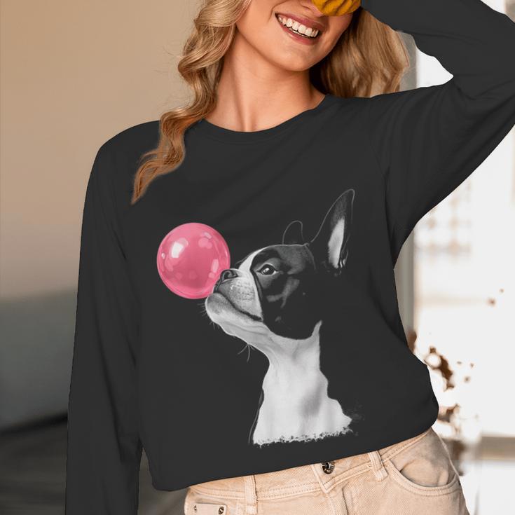 Boston Terrier Dog Blowing Chewing Bubble Gum Pink Unisex Long Sleeve T-Shirt, funny design