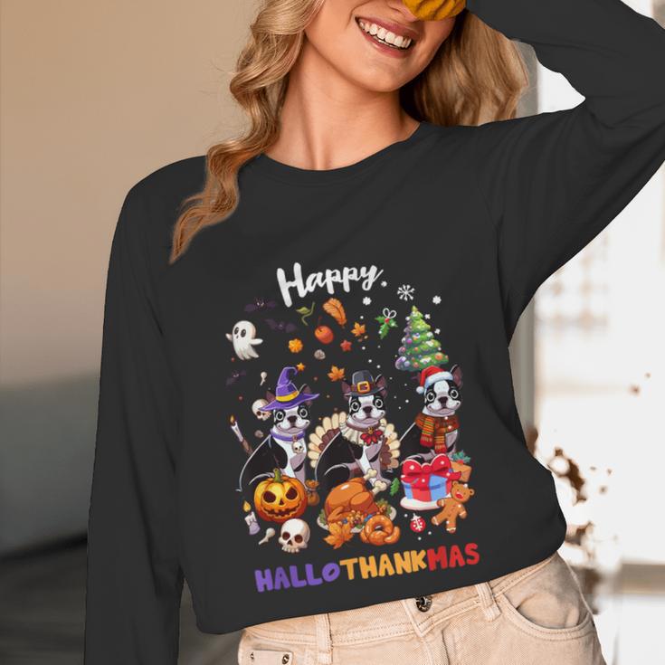 Boston Terrier Dog Christmas Happy Hallothankmas Halloween For Men Women Kids Unisex Long Sleeve T-Shirt, funny design