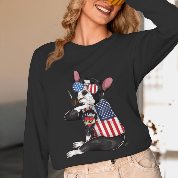 Boston Terrier Dog Merica 4th Of July Usa American Flag Men Unisex Long Sleeve T-Shirt, funny design