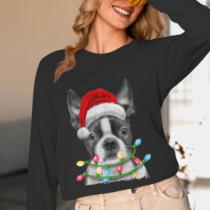 Boston Terrier Dog Santa Christmas Tree Lights Xmas Unisex Long Sleeve T-Shirt, funny design
