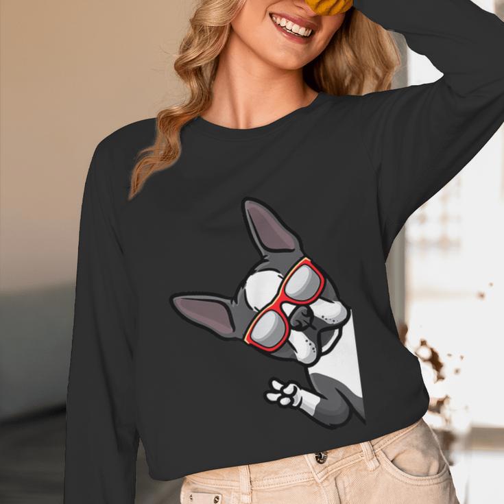 Boston Terrier Dog From Side Boston Bull Unisex Long Sleeve T-Shirt, funny design
