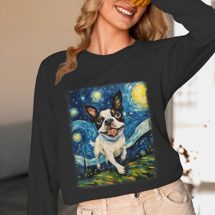 Boston Terrier Dog Starry Night Painting Unisex Long Sleeve T-Shirt, funny design