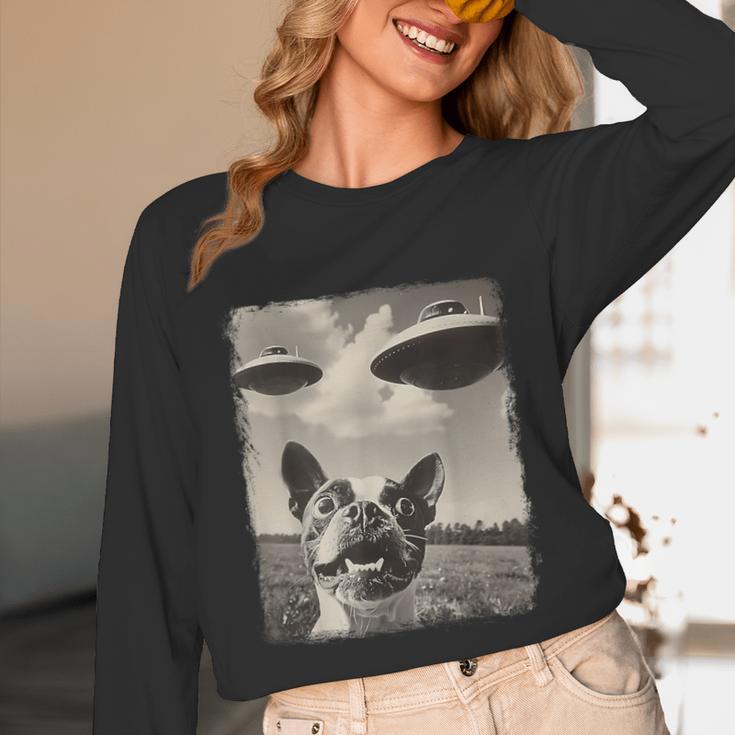 Boston Terrier Dog UFO Alien Extraterrestrial Selfie Unisex Long Sleeve T-Shirt, funny design