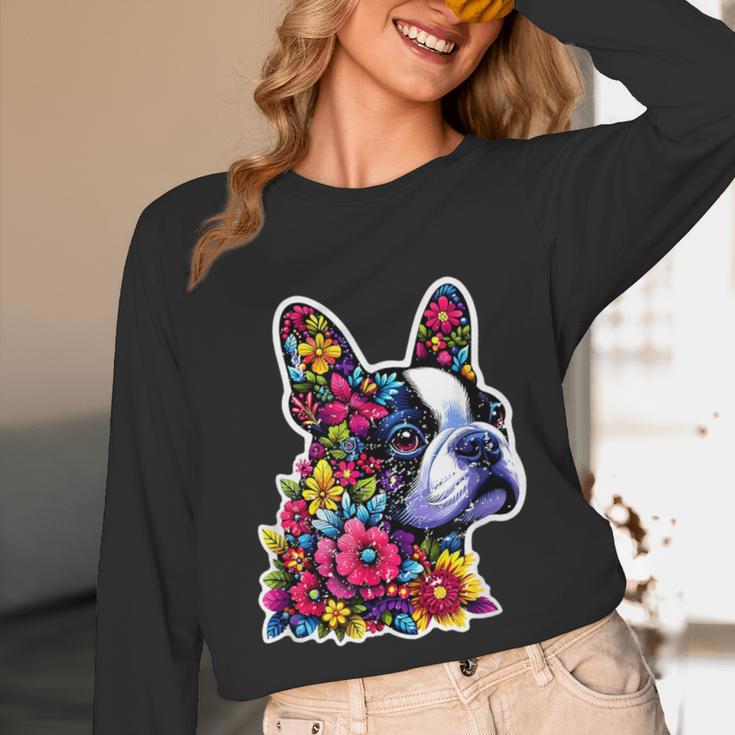 Boston Terrier Floral Vintage Dog Mom Distressed Men Women Kids Unisex Long Sleeve T-Shirt, funny design
