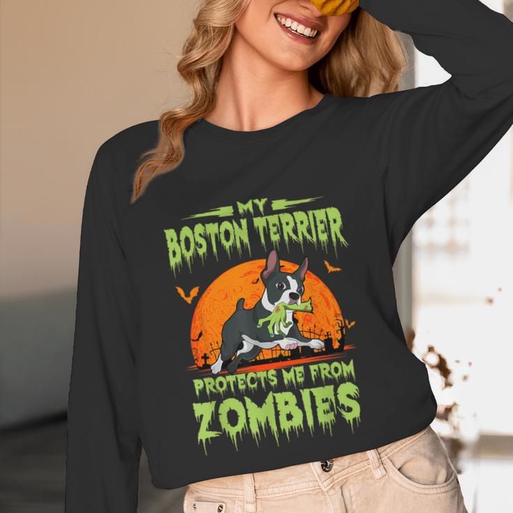 Boston Terrier Halloween Zombie American Gentleman Dog Lover Unisex Long Sleeve T-Shirt, funny design