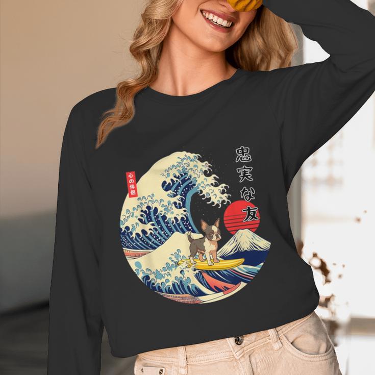 Boston Terrier Japanese Kanagawa Wave Surf Loyal Dog Men Women Kids Unisex Long Sleeve T-Shirt, funny design